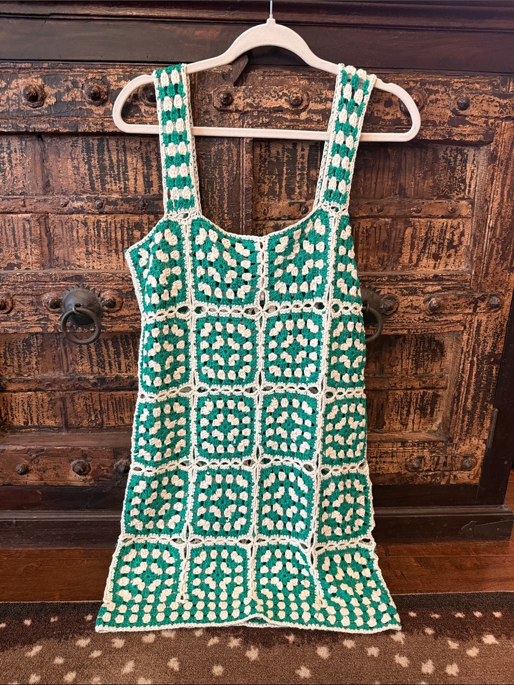 VICI Crochet Square Tank Dress in Green & Cream